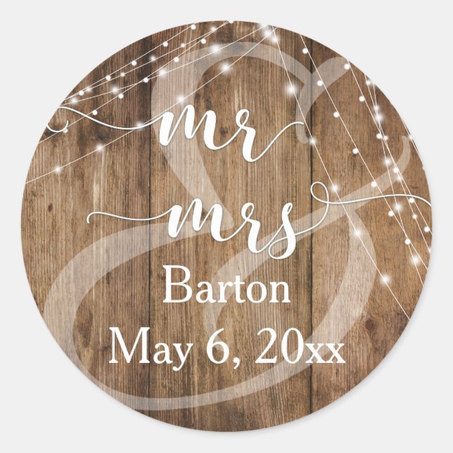 Rustic Brown Wood, White Light Strings Mr & Mrs Classic Round Sticker (Front)