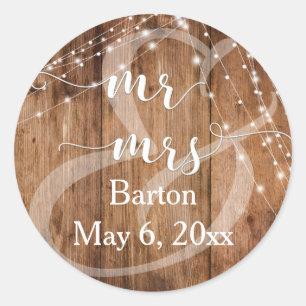 Rustic Brown Wood, White Light Strings Mr & Mrs Classic Round Sticker
