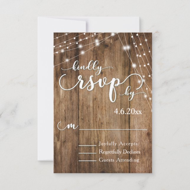 Rustic Brown Wood, White Light Strings RSVP Card (Front)