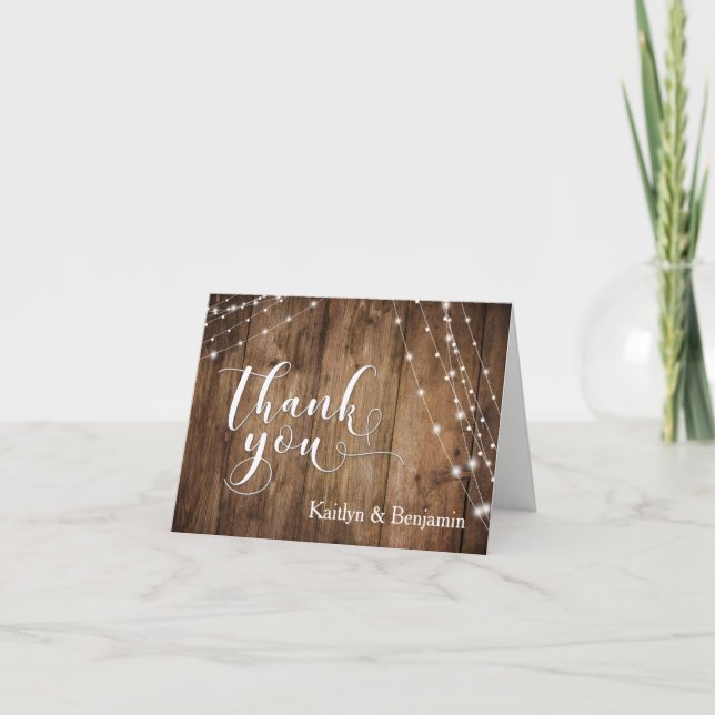 Rustic Brown Wood, White Light Strings Thank You 1 Card (Front)