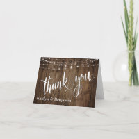 Rustic Brown Wood, White Light Strings Thank You