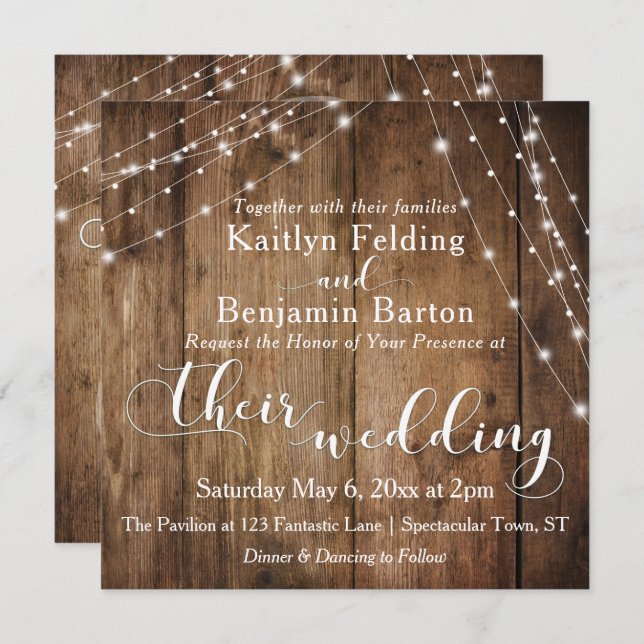 Rustic Brown Wood, White Light Strings Wedding 2b Invitation (Front/Back)