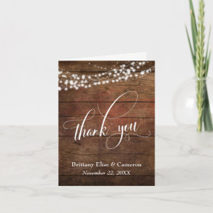 Rustic Brown Wood with White Light Strings Thank You Card
