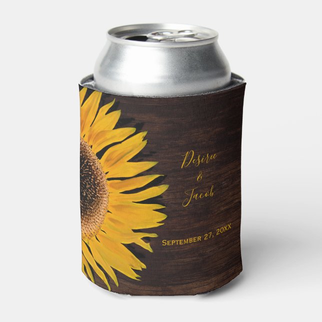 Rustic Brown Wood Yellow Sunflower Wedding Can Cooler (Can Front)