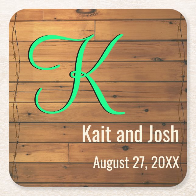 Rustic Brown Wooden Barn Wall Farm Monogram Square Paper Coaster (Front)