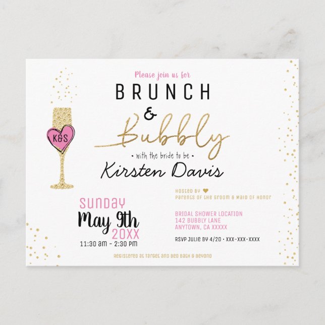 Rustic Brunch and Bubbly Bridal Shower Invitation Postcard (Front)