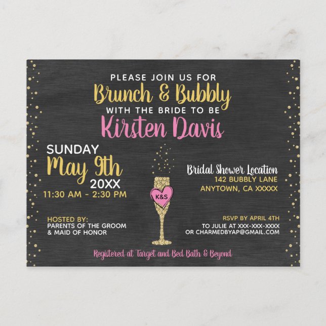 Rustic Brunch and Bubbly Bridal Shower Invitation Postcard (Front)
