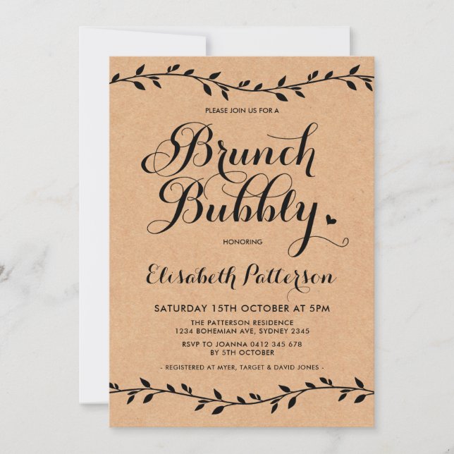 Rustic Brunch & Bubbly Baby Shower Modern Laurels Invitation (Front)