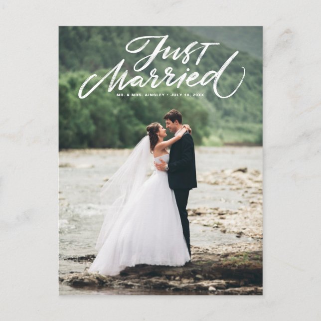Rustic Brush Lettering Just Married Photo Postcard (Front)