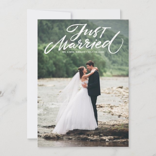 Rustic Brush Lettering Just Married Photo Thank You Card (Front)