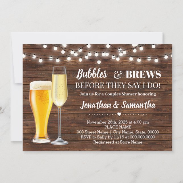 Rustic Bubbles & brews before I do couples shower Invitation (Front)