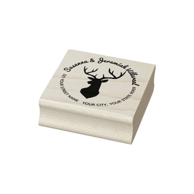 Rustic Buck Deer Head Family Name Address Rubber Stamp (Stamp)