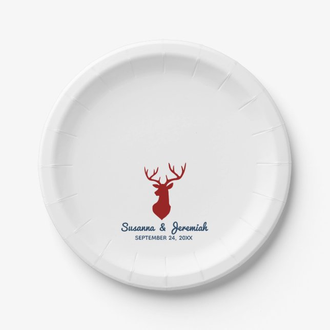 Rustic Buck Deer in Red and Blue Wedding Reception Paper Plate (Front)