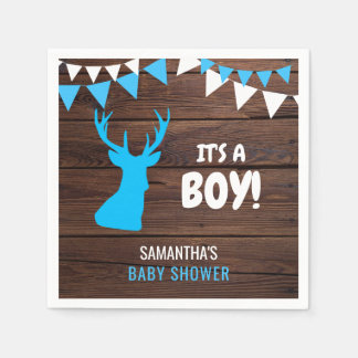 Rustic Buck Deer Wood Theme Blue Boy Baby Shower Napkin
