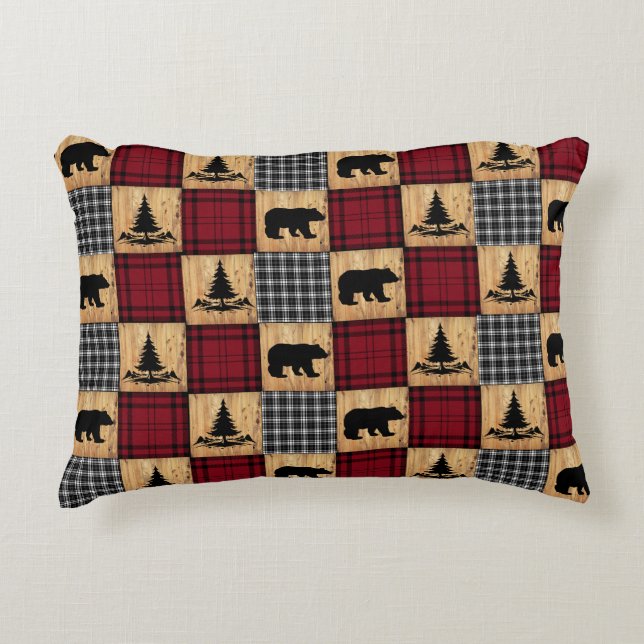 Rustic Buffalo Check Bears Trees Wood Red Black Accent Pillow (Front)