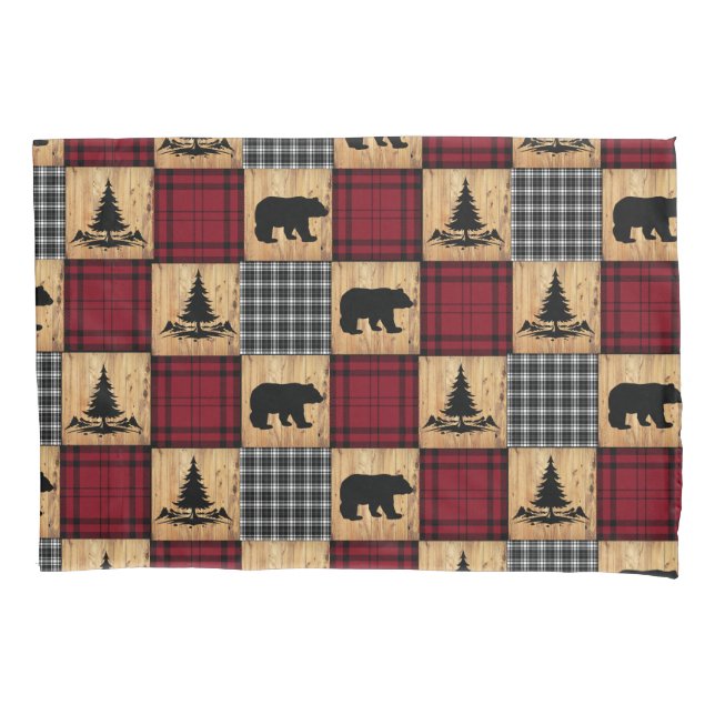 Rustic Buffalo Check Bears Trees Wood Red Black Pillowcase (Front)