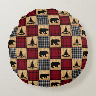 Rustic Buffalo Check Bears Trees Wood Red Black Round Pillow