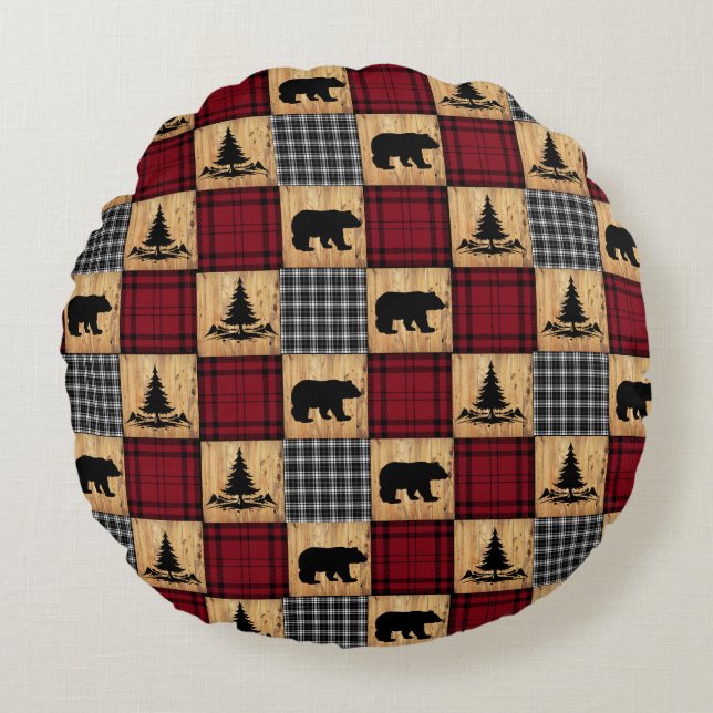 Rustic Buffalo Check Bears Trees Wood Red Black Round Pillow (Front)