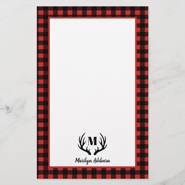 Rustic Buffalo Check Plaid & Black Antlers Stationery (Front)
