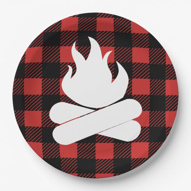 Rustic Buffalo Check Plaid & Campfire Paper Plate (Front)