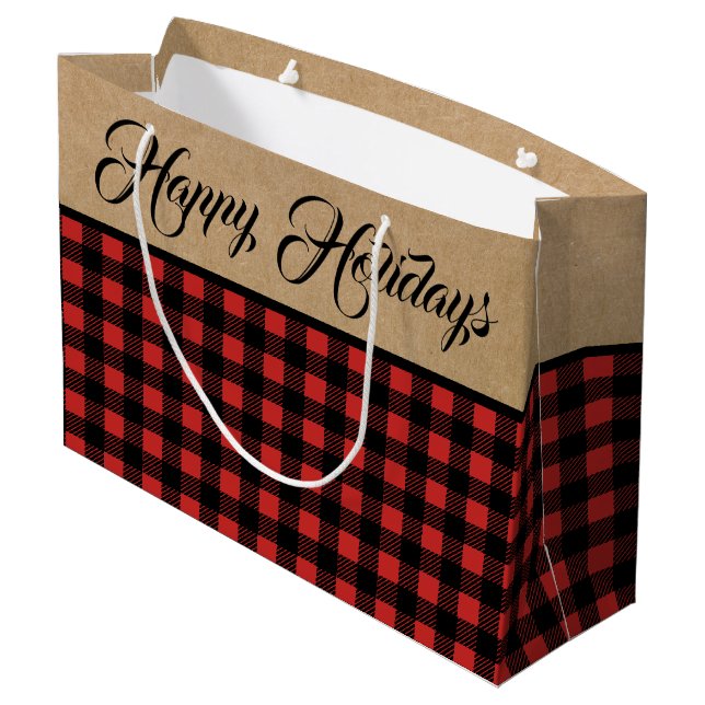 Rustic  Buffalo Check Plaid & Faux Kraft Christmas Large Gift Bag (Back Angled)