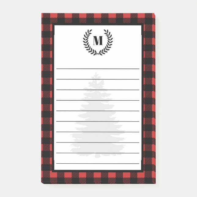 Rustic Buffalo Check Plaid & Laurels | Monogram Post-it Notes (Front)