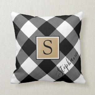 Rustic Buffalo Check Plaid Monogram Script Name Throw Pillow