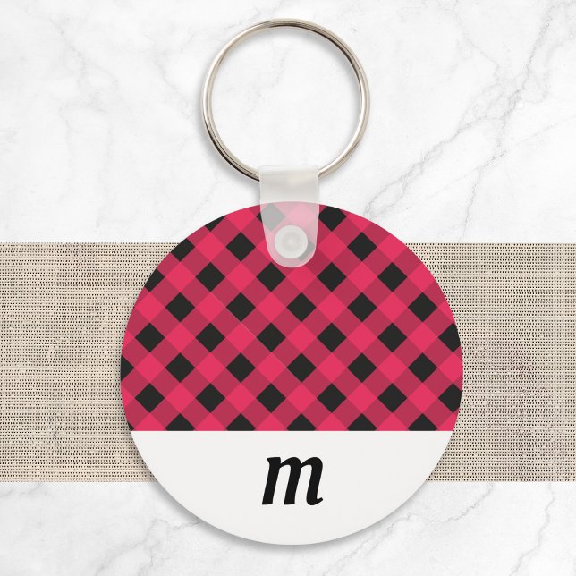 Rustic Buffalo Check Plaid Monogrammed Christmas Keychain (A keyring with red and black buffalo check pattern, and a white section to customize with a monogram)