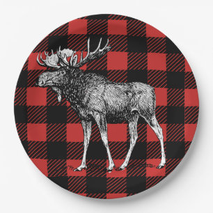 Rustic Buffalo Check Plaid & Moose Paper Plate