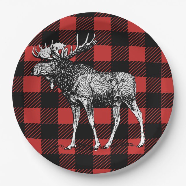 Rustic Buffalo Check Plaid & Moose Paper Plate (Front)