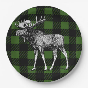 Rustic Buffalo Check Plaid & Moose Paper Plate