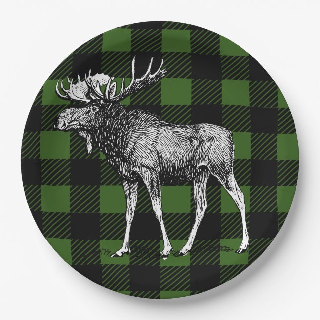 Rustic Buffalo Check Plaid & Moose Paper Plate (Front)