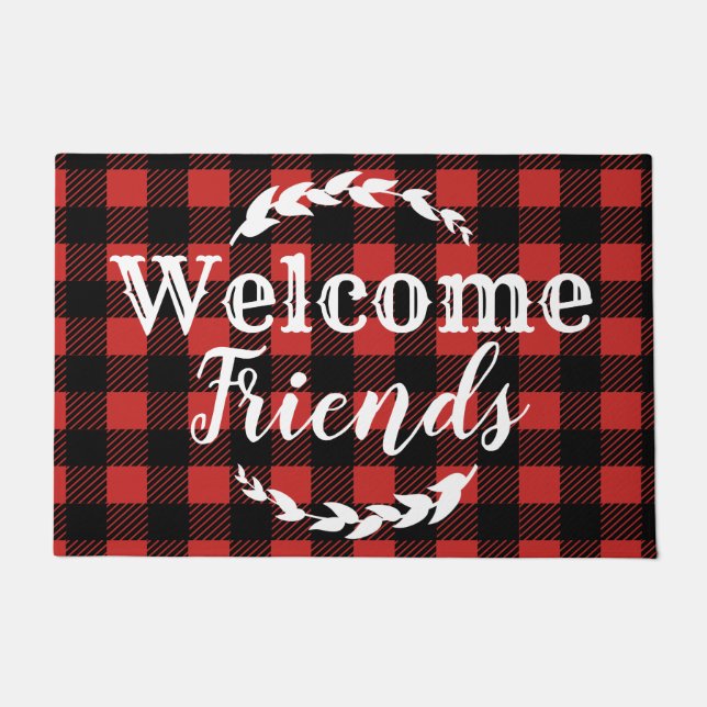 Rustic Buffalo Check Plaid Welcome Friends Doormat (Front)
