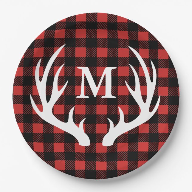 Rustic Buffalo Check Plaid & White Deer Antlers Paper Plate (Front)