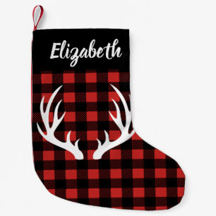 Rustic Buffalo Check Plaid & White Deer Antlers Small Christmas Stocking