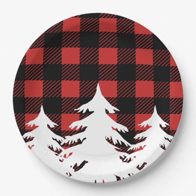Rustic Buffalo Check Plaid & White Forest Trees Paper Plate (Front)
