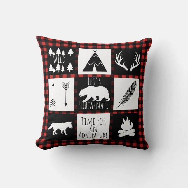 Rustic Buffalo Check Plaid & Wilderness Animals Throw Pillow (Front)