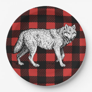 Rustic Buffalo Check Plaid & Wolf Paper Plate