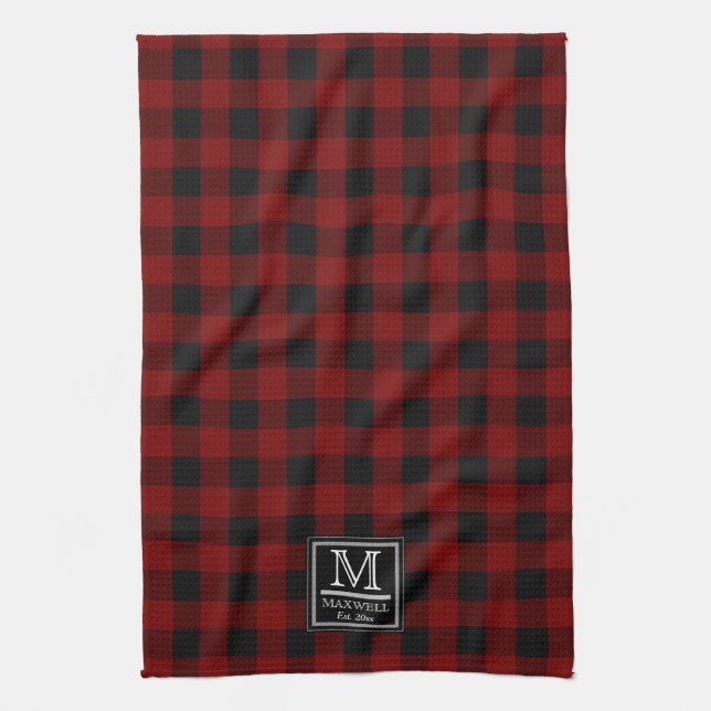 Rustic Buffalo Checks | Plaid Monogram Name Year K Kitchen Towel (Vertical)