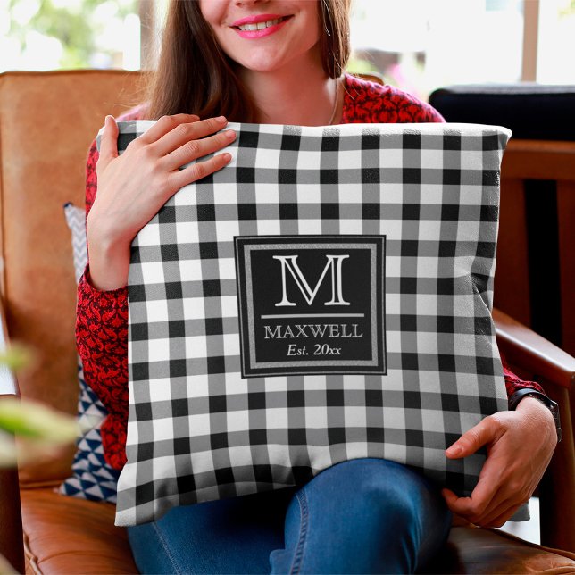Rustic Buffalo Checks | Plaid Monogram Name Year T Throw Pillow (Creator Uploaded)