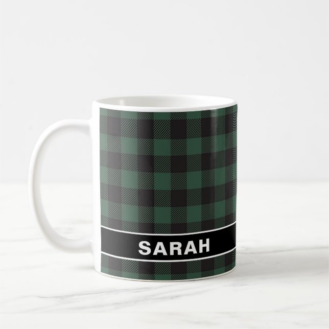 Rustic Buffalo Green and Black Plaid Name Coffee Mug (Left)