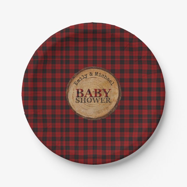 Rustic Buffalo Plaid Baby Shower Personalized Paper Plate (Front)