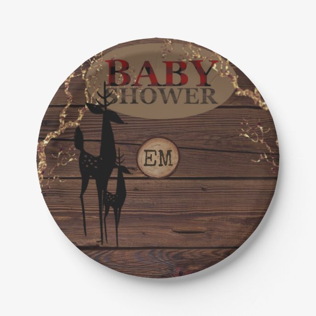 Rustic Buffalo Plaid Baby Shower Personalized Paper Plate (Front)
