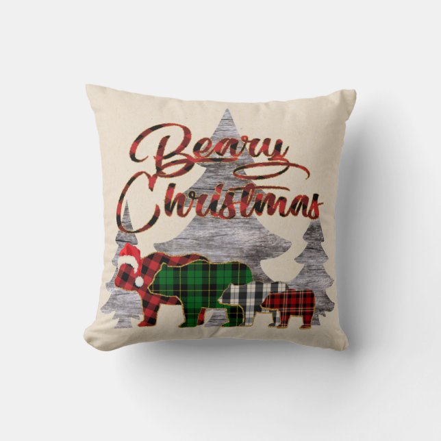 Rustic Buffalo Plaid Bears Berry Christmas Throw Pillow (Front)