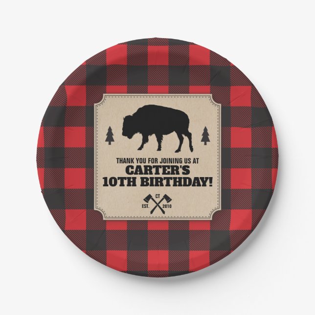 Rustic Buffalo Plaid Bison Kraft Look Panel Party Paper Plate (Front)