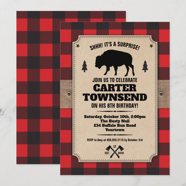 Rustic Buffalo Plaid Bison Kraft Panel Birthday Invitation (Front/Back)