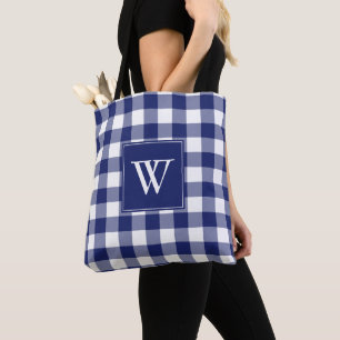 Rustic Buffalo Plaid Blue White Monogram Initial Tote Bag