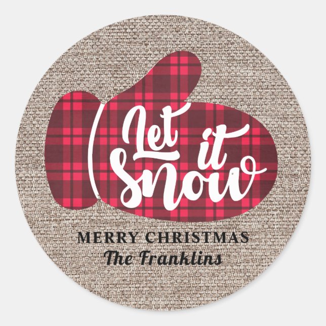 Rustic Buffalo Plaid Burlap Let It Snow Christmas  Classic Round Sticker (Front)