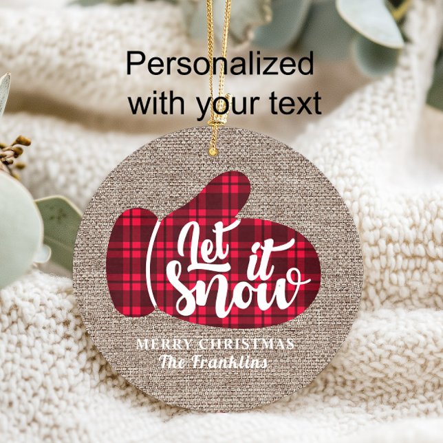 Rustic Buffalo Plaid Burlap Let It Snow Christmas Ornament (Rustic buffalo plaid and burlap "Let it snow" Christmas ornament)