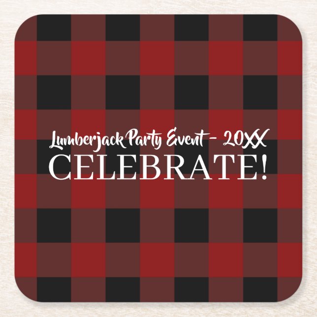 Rustic Buffalo Plaid Celebrate Customized Event Square Paper Coaster (Front)